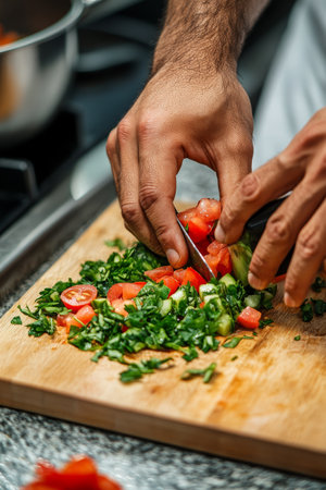 Chef s Hands Slicing Colorful Vegetables on a Wooden Cutting Board for a Fresh Summer Salad.の素材