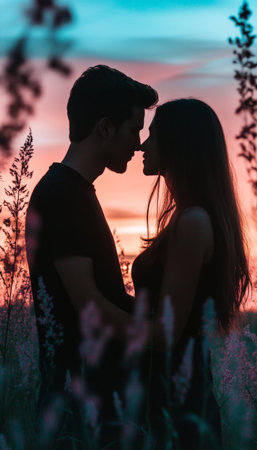 Romantic Sunset Silhouette, Couple Sharing A Tender Moment, Love And Intimacy, Golden Hour Romanceの素材