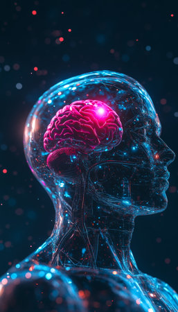 Illuminated Brain Transparent Human Head with Glowing Pink Spot on a Dark Background.の素材