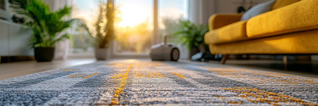 Modern Living Room Interior with Vacuum cleaner and Large Windows, Golden Hour Lightingの素材