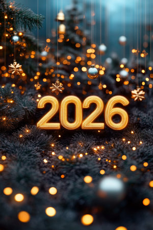 2026 New Year Celebration, Festive Christmas Tree Lights And Ornaments, Holiday Background.の素材