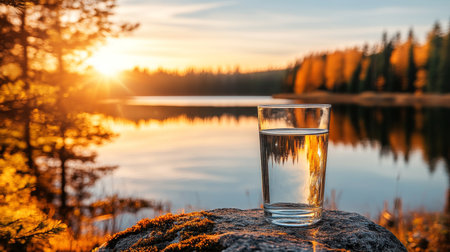 Tranquil Sunrise Lake Glass of Fresh Water on Rock, Golden Hour Light, Serene Nature Backgroundの素材