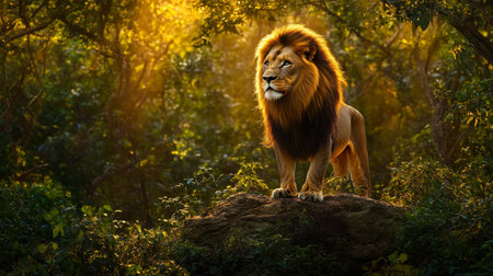 Majestic Lion Standing on a Rock in Golden Jungle Light, King of the Animals in its Natural Habitatの素材