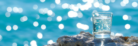 Sparkling Water on a Rock, Tranquil Blue Lake Background, Summer Refreshment Concept.の素材