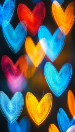 Whimsical, Colorful Heart Shaped Bokeh Effect with Dynamic Lighting, Romantic Backgroundの素材