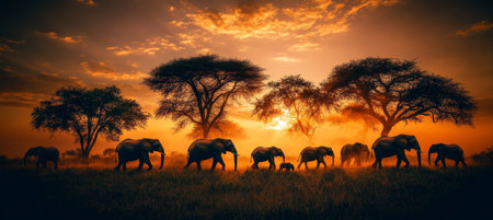 Silhouetted Elephant Family Crossing Savanna at Golden African Sunset, Wildlife Stock Photoの素材