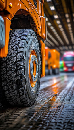 Rugged Truck Tire Close-Up on Showroom Floor, Bokeh Background With Colorful Vehiclesの素材