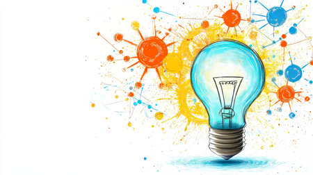 Bright Idea, Creative Inspiration. Light Bulb Illustration on a Playful, Artistic Backgroundの素材