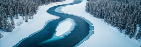 Frozen River Winds Through a Snowy Pine Forest, Creating Stunning Winter Scenes from Aboveの素材