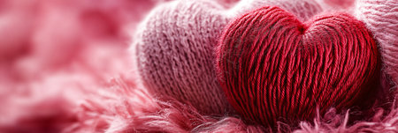 Close Up, Valentines Day, Red And Pink Knitted Yarn Hearts On Fuzzy Background, Love, Romanceの素材