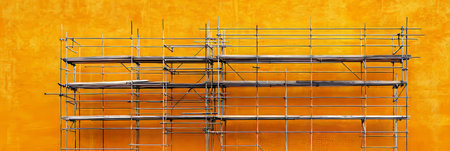 Scaffolding Structure Against Vibrant Yellow Wall, Construction Site, Industrial Backgroundの素材