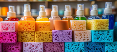 Vibrant and Playful A Colorful Arrangement of Cleaning Supplies with Textured Sponges and Bottles.の素材