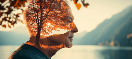 Serene Senior Man with Nature Double Exposure Sunset Over Tranquil Lake and Majestic Treesの素材