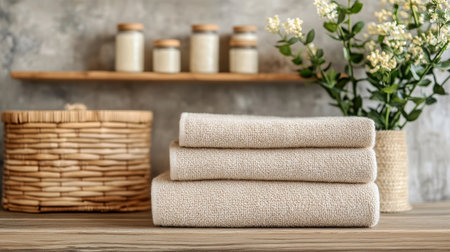 Stacked Spa Towels Soft, Neutral Bath Towels on a Rustic Table with Candles and Flowersの素材
