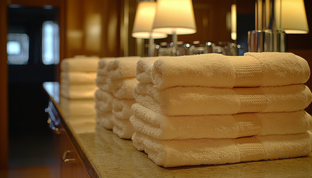 Freshly Laundered Towels, Stacked in Luxury Serene Bathroom Atmosphere with Copy Spaceの素材