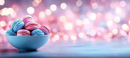 Pastel Pink and Blue Macarons in Bowl, Sweet Dessert Food Photography with Bokeh Backgroundの素材