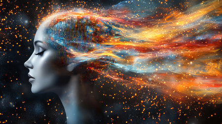 Cosmic Imagination. Woman with Nebula Hair Flow, Spiritual Energy Concept, Digital Artの素材
