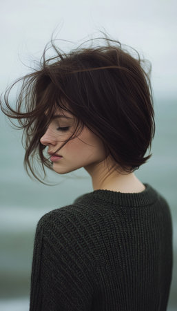 Young Woman With Wavy Hair, Conveying Sadness, Loneliness, Depression On Blurred Backgroundの素材