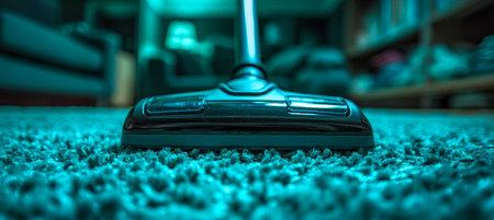 Close-Up. Vacuum Cleaner on Turquoise Carpet, Home Cleaning Concept. Focus on Foregroundの素材