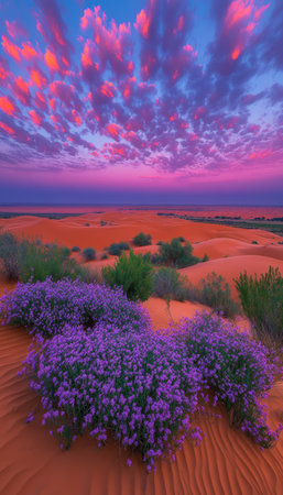 Blooming Desert Paradise Lavender Flowers on Golden Sand Dunes at Sunset,nature Stock Photoの素材
