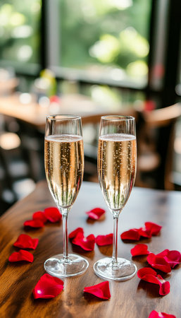 Romantic Celebration, Two Champagne Flutes with Rose Petals on Table, Blurred Backgroundの素材