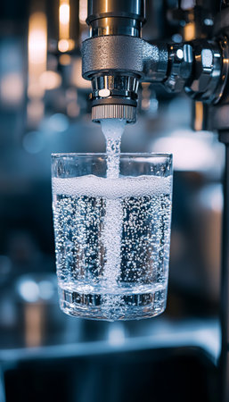 Water Filtration Close Up of Purified Water Flowing from System, Bubbling into Glassの素材