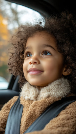 Cheerful Toddler Enjoys Car Ride, Car Seat Safety, Upward Glance, Curly Hair, Natural Light Portraitの素材