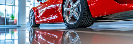 Luxury Sports Car Wheel Detail in Showroom - Polished Reflective Surfaces and Blurred Interiorの素材