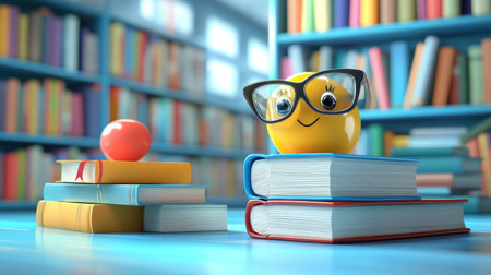 Back to School Stacked Books, Eyeglasses, and Red Ball on Desk with Blurry Bookshelves Backgroundの素材