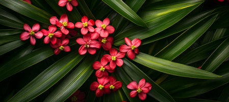 Close-up Vibrant Pink Tropical Flowers Bloom on Lush Green Leaves, Nature Backgroundの素材