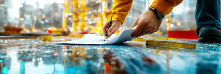 Construction Worker Examining Blueprints On-Site With Crane And Scaffolding In Backgroundの素材