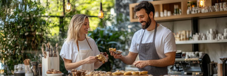 Smiling Bakery Owners Proudly Showing Off Their Freshly Baked Pastries in Their Cozy Cafeの素材