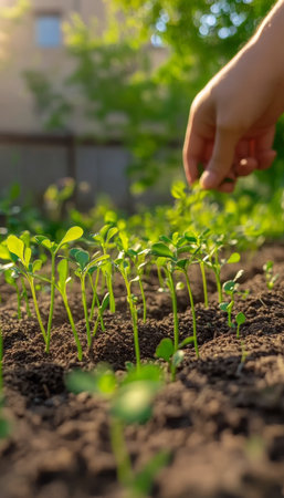 Close-up of small green sprouts, with a hand gently tending to the delicate new growth.の素材