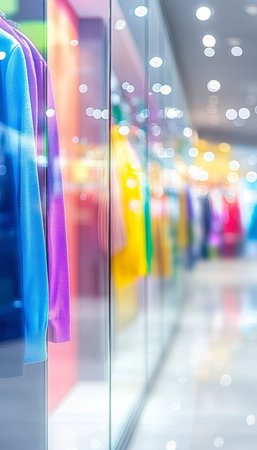 Brightly Colored Blurred Storefront Display With Clothing Reflecting In Window, Retail Backgroundの素材