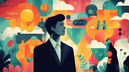 Professional Confident Businesswoman, Abstract Colorful Background, Business Services Conceptの素材