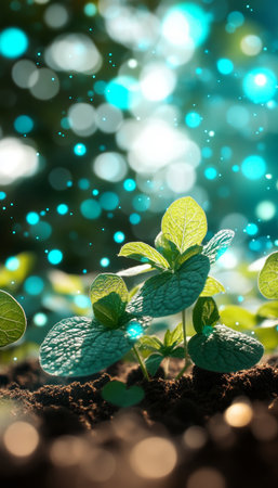 Vibrant Green Sprouts, Organic Growth, Blur of Sparkling Light, Illustrating Sustainable Agricultureの素材