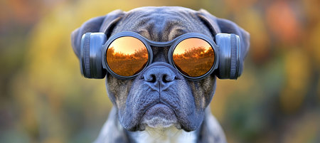 Canine Cool Dog Sports Oversized Mirrored Aviator Sunglasses. Close-Up on Furry Fashion.の素材