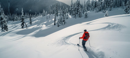 Skier Carving Through Untouched Powder, Exploring Backcountry with Scenic Mountain Views.の素材