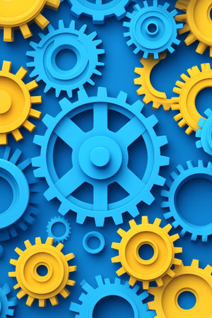 Dynamic manufacturing background with abstract gears and cogs in vibrant blue and yellow huesの素材