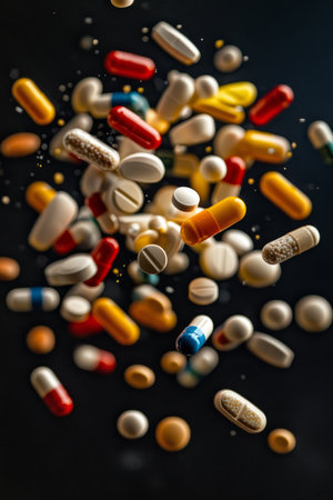 Pharmaceutical Innovation, Colorful Pills In Abstract Motion Blur On Black Backgroundの素材