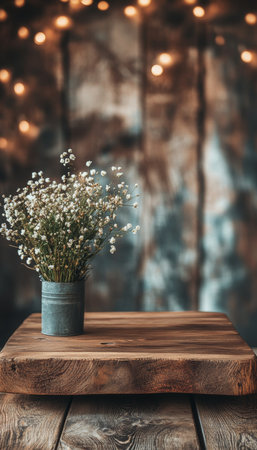 Rustic Still Life Tiny White Flowers, Tin Vase on Wood Table, Warm Blurred String Lightsの素材