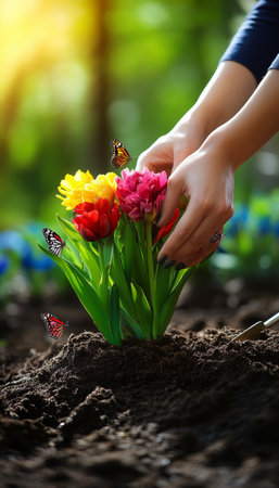 Woman s Hands Planting Vibrant Tulips in Garden Sunlight, Gardening and Planting Conceptの素材