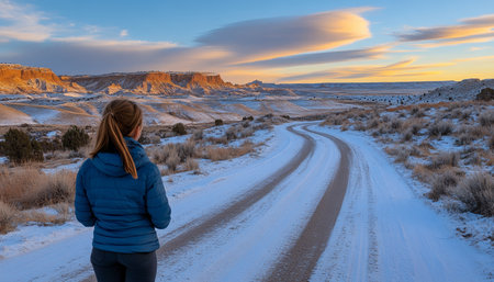 Woman Stands on a Snow Covered Dirt Road at Sunset, Taking in the Beauty of the American Southwest.の素材
