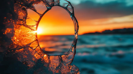 Shattered Ice with Ocean Sunset, Abstract Close-up of Broken Frozen Water Reflecting Golden Hourの素材