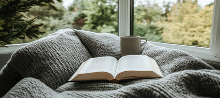 Open Book and Steaming Mug Resting on a Cozy Knit Blanket by the Window Autumn Relaxationの素材