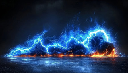 Electric Blue Lightning Strike, Intense Energy Discharge, Dramatic Natural Phenomenon, 3D Renderの素材