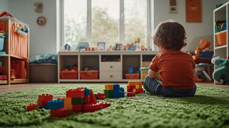 Toddler Sits on Green Carpet Facing Away from Camera, Absorbed in Playtime in a Colorful Playroom.の素材
