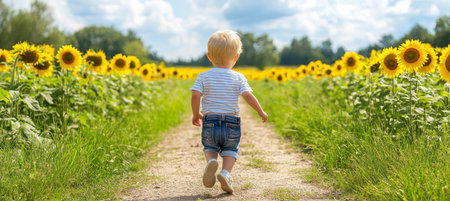Joyful Adventure Child Runs Through Sunny Sunflower Field, Embracing Nature s Beautyの素材