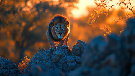 Majestic Lion on Rocky Outcrop, African Wildlife Photography, Golden Sunset Backgroundの素材