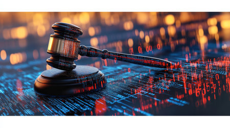 Judge s Gavel on Binary Code Background Legal Technology, Digital Justice, Stock Photoの素材